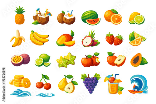 Collection of tropical and summer fruit icons featuring bananas, oranges, watermelons, coconuts, kiwis, grapes, pineapples, lemons, strawberries, apples, pears and other exotic fruits