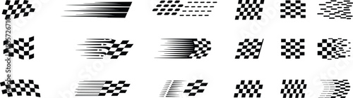 Checkered racing flag icons vector illustration with motion blur, wave distortion, pixelated effects, motorsport design elements, speed concept, dynamic energy, competition graphics