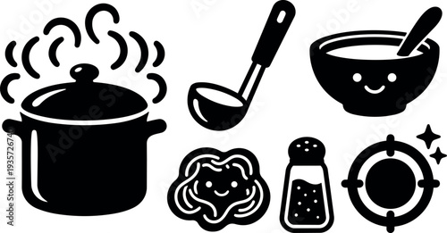 Minimalist vector kitchen icons steaming pot ladle smiling soup bowl spoon cookie salt shaker stove burner flat design black silhouette