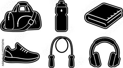 Bold sticker style gym equipment icons duffel bag water bottle towel sneaker jump rope headphones simple monochrome on white background