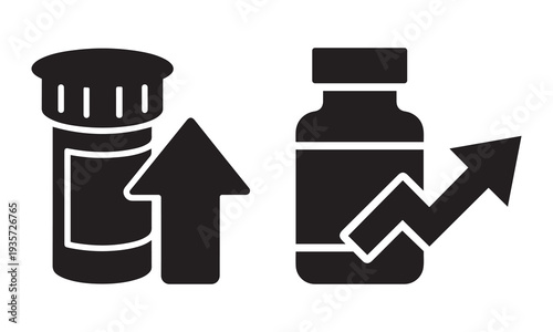 Pill bottle icons with upward trending arrows indicating rising medication costs or prescription drug prices.