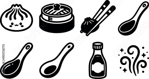 Flat kawaii vector icon set of dumpling and steamer with chopsticks spoons sauce bottle and steam simple black line art