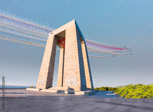 Air Force aerobatic team performing demonstration flight over Canakkale Martyrs' Memorial against to Dardanelles Strait -  (Çanakkale) Canakkale, Turkey