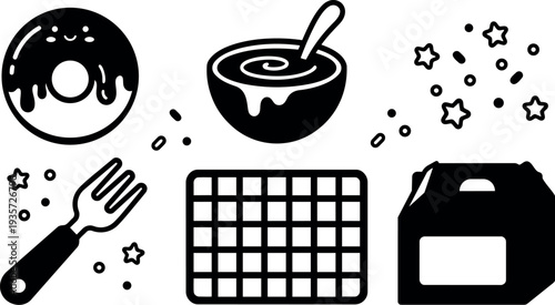 Flat design bakery icon set donut bowl spoon fork cooling rack pastry box with sprinkles simple black vector minimalist icons