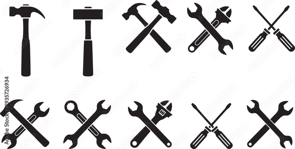 Obraz premium Set of various black silhouetted tools arranged neatly on a white background from a straightforward viewpoint
