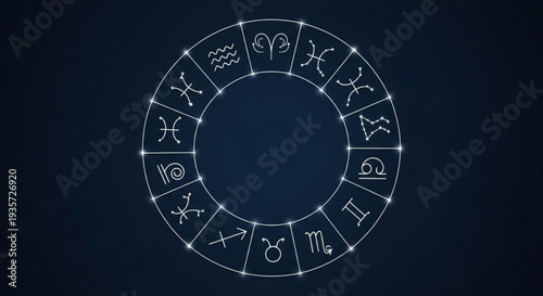Astrology Zodiac Wheel with Symbols and Stars.