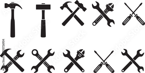 Set of various black silhouetted tools arranged neatly on a white background from a straightforward viewpoint