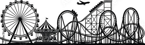 Amusement park silhouette, Ferris wheel, carousel, roller coaster, airplane, thrilling rides, fun fairground, entertainment, adventure, family leisure, excitement