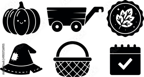 Minimalist fall harvest icon set pumpkin wagon leaf badge witch hat picnic basket and calendar check simple vector black silhouette