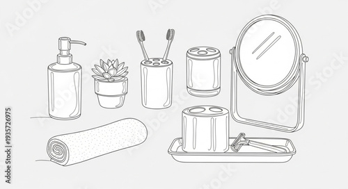 Bathroom accessories collection sketch illustration.