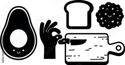 Flat design cute avocado toast concept with ok hand holding knife over cutting board slice of bread smiling cookie minimalist