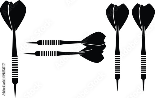 Dart arrow silhouettes set, darts game equipment collection, target sport projectile icons, steel tip dart vector illustration, isolated black gaming symbol