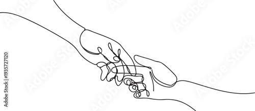 Two hands reaching out towards each other drawn by continuous one line. Single line drawing of romantic or helping concept.one line vector illustration with white background