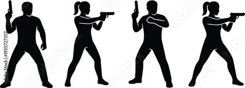 Black silhouette set of male and female secret agents holding pistols in action poses isolated for security, spy, detective, tactical illustration design collection
