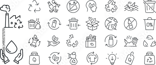 A collection of eco linear icons, Zero Waste set of web icons in line style, including recycling, waste management, composting, trash, pollution, landfill, composting, waste sorting.eps