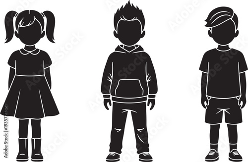 Children standing together in a simple graphic illustration showcasing their unique silhouettes and diverse attire