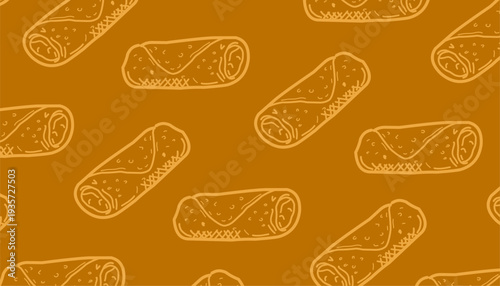 Spring Roll Seamless Pattern. Asian Lumpia Repeating Motif. Hand Drawn Outline Illustration. Monochrome And Color Variations. Street Food Textile Packaging Design.