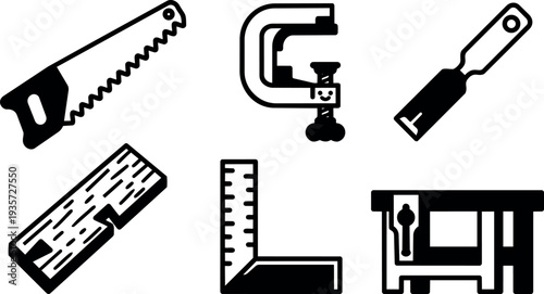 Flat design close up woodworking tool icons set saw clamp chisel timber square workbench top view simple black silhouette vector
