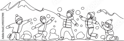 Winter time concept. One continuous line drawing of children play snowball fight winter game in the mountains throwing snow and wearing ski outfit.one line vector illustration with white background