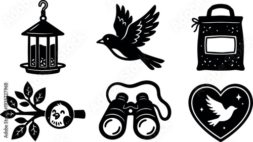 Minimalist icon set bird watcher with bird feeder and flying dove seed bag binoculars magnifying glass on branch heart emblem