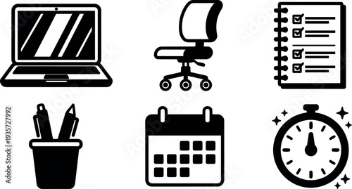 Flat design vector icons showing laptop chair checklist calendar stopwatch pencil cup and pens for office productivity and time management