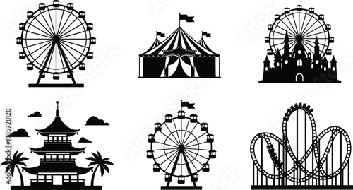 Amusement park silhouettes, Ferris wheel, circus tent, castle, pagoda, roller coaster, cultural architecture, entertainment, leisure, fun fair, adventure
