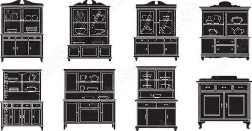 A collection of antique kitchen cabinets with various designs and ornate details, displayed from a frontal viewpoint.