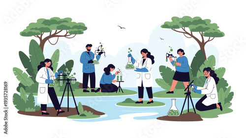 Environmental science research where a team of biologists and ecologists study nature and water quality in a forest ecosystem.