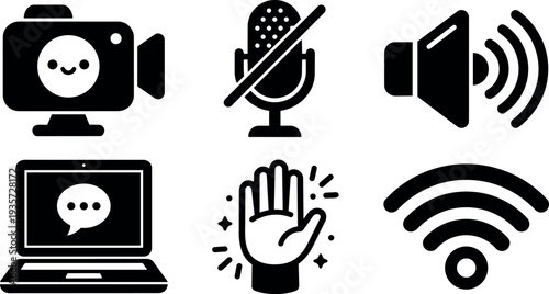 Flat design black communication icon set showing smiling webcam muted microphone loudspeaker laptop chat raised hand wifi simple vector symbols
