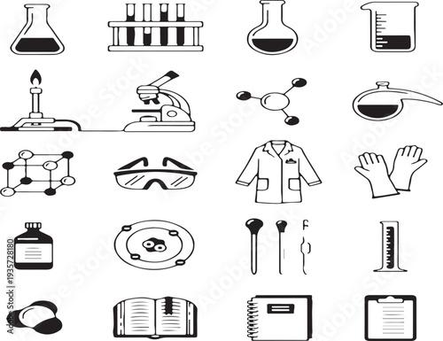 Chemistry Lab Equipment Icon Set and Science Symbols