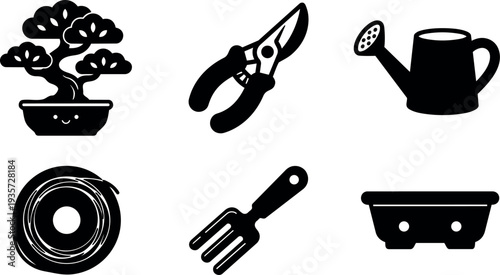 Flat design close up gardening icons set showing bonsai tree pruning shears watering can coil hand fork seed tray silhouette