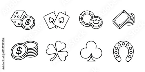 Black and white line art depicting casino games luck and financial elements