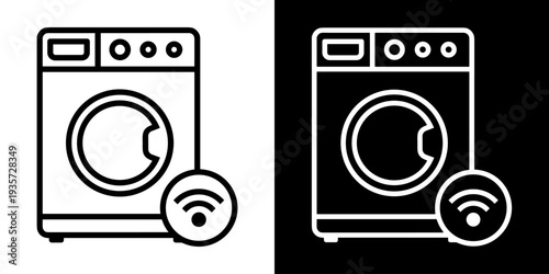Smart Washing Machine icon concept in flat black and white style on clean background vector illustration design