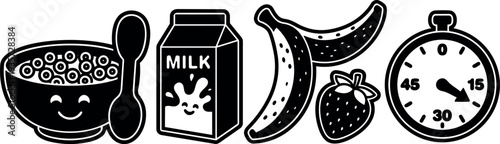 Flat design smiling cereal bowl with spoon milk carton bananas and strawberry beside kitchen timer playful vector icon set monochrome