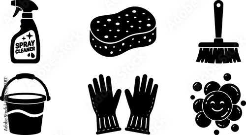 Flat design black cleaning icons set showing spray bottle sponge broom bucket gloves and soap bubbles on white background minimal