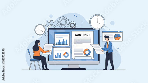 Business contract review and data analysis featuring professionals examining financial charts and legal documents on a screen.