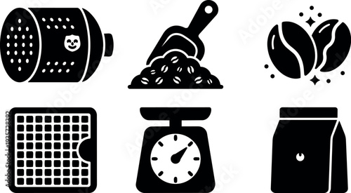 Flat design coffee icon set with scoop scooping beans scale bag shaker and filter grid top view minimal silhouette black