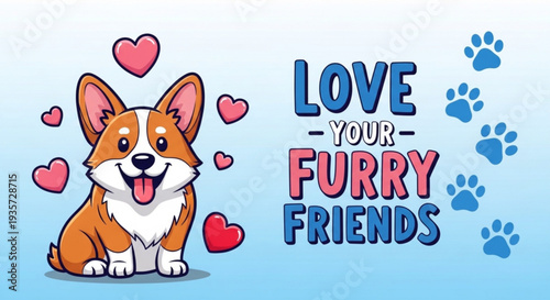 Corgi dog with hearts and paw prints love your furry friends text cute animal illustration