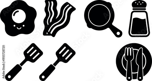 Flat design close up breakfast icons set fried egg bacon skillet salt spatula plate with cutlery simple black silhouettes minimal