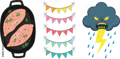 Cooking, Celebration, and Weather Icon Set Featuring Grilled Meat, Party Banners, and Thunderstorm Symbols for Fun and Food Designs