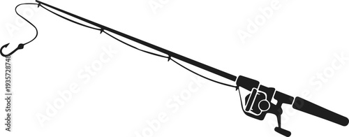 Fishing rod and reel silhouette with hook and line, angling equipment illustration isolated on white background, sport fishing gear concept