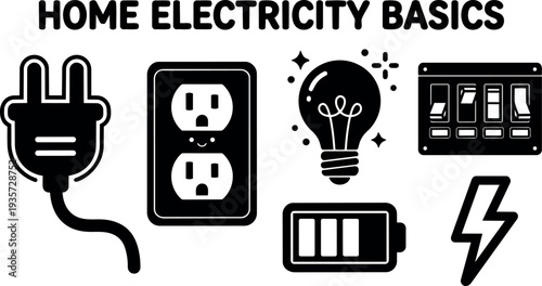 Flat design bold icon set of home electricity plug outlet light bulb switches battery and lightning bolt close up vector