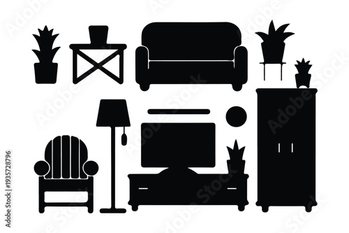 Silhouetted furniture arrangement depicting a living room interior scene