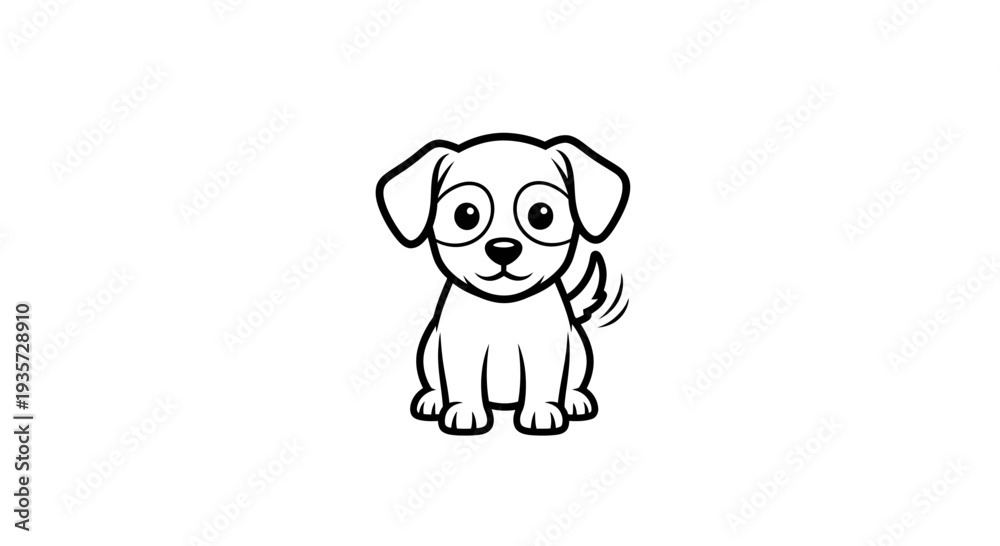 Fototapeta premium Cute Cartoon Puppy Line Art Illustration Sitting and Wagging Tail on White Background