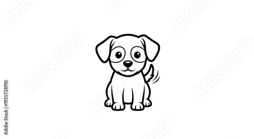 Cute Cartoon Puppy Line Art Illustration Sitting and Wagging Tail on White Background