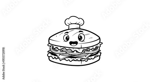 Cute Cartoon Sandwich Chef Line Art Illustration