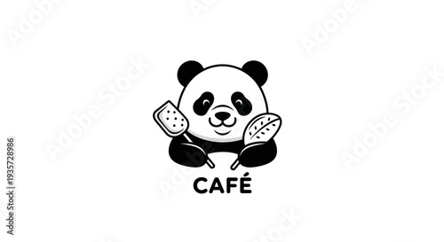 Cute Panda Coffee Cafe Logo Illustration with Coffee Cup and Leaf