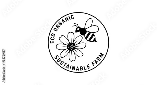 Eco Organic Sustainable Farm Logo with Bee and Daisy Flower Illustration