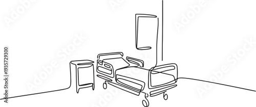 Continuous one line drawing of hospital patient bed. One line drawing illustration of hospital room interior. Empty hospital room concept.one line vector illustration with white background