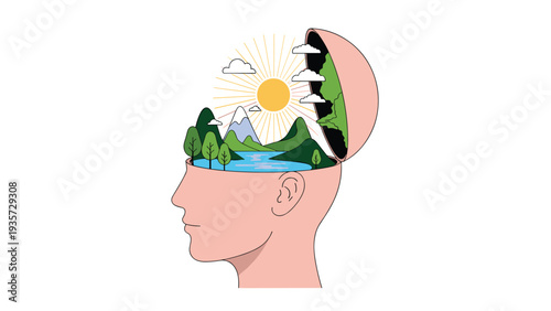 Silhouette of a human profile with the top of the head open revealing a peaceful nature landscape with mountains and a sun for mental health.